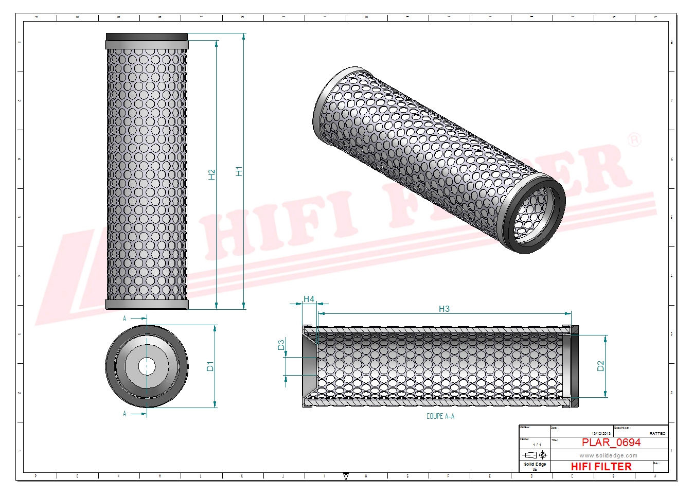 Schema tecnico Filtro aria 140-2252 per trattori e macchine agricole