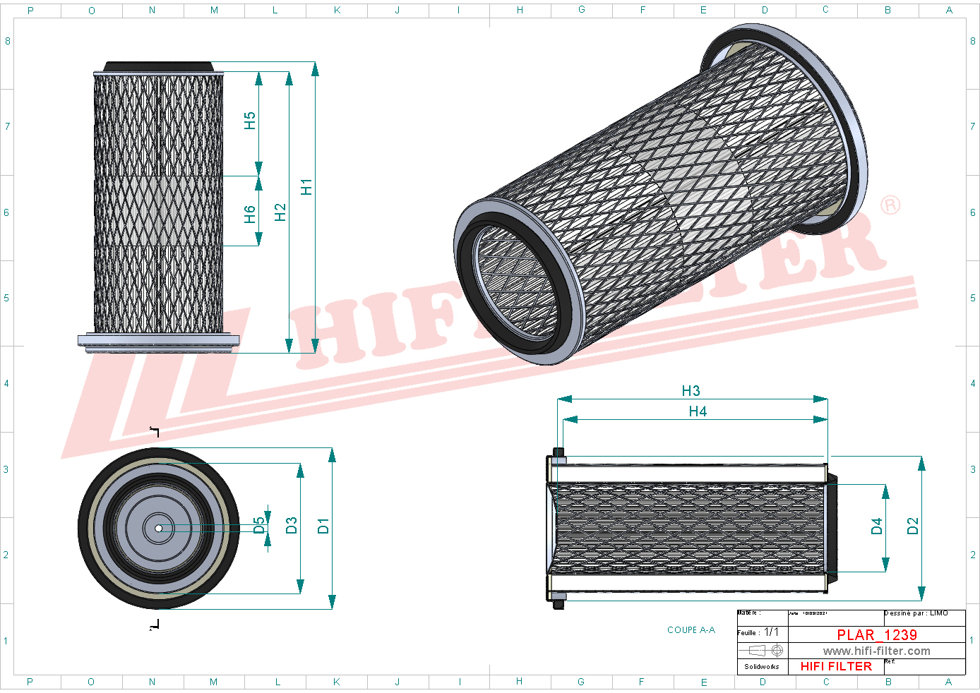 Schema tecnico Filtro aria FL026 per trattori e macchine agricole
