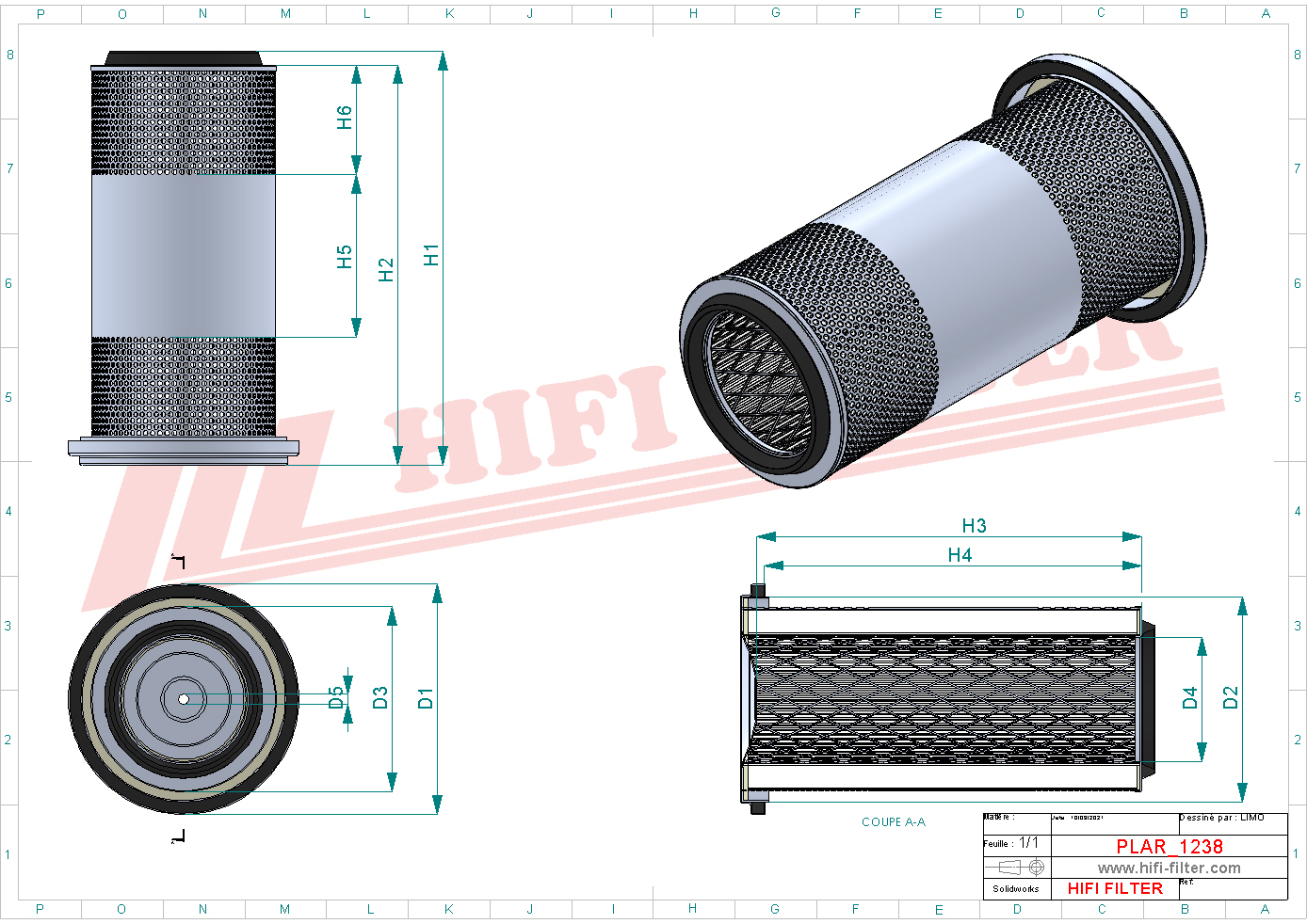 Schema tecnico Filtro aria FL488 per trattori e macchine agricole