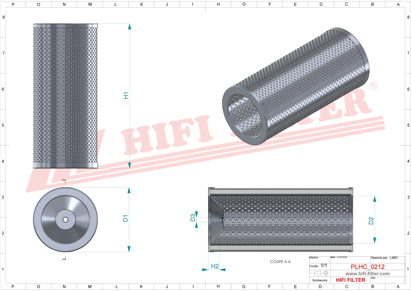 Schema tecnico Filtro idraulico CRC140 CD1 per trattori e macchine agricole