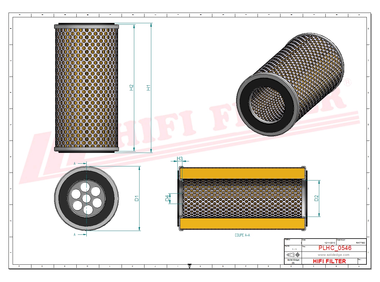 Schema tecnico Filtro idraulico H12016 per trattori e macchine agricole