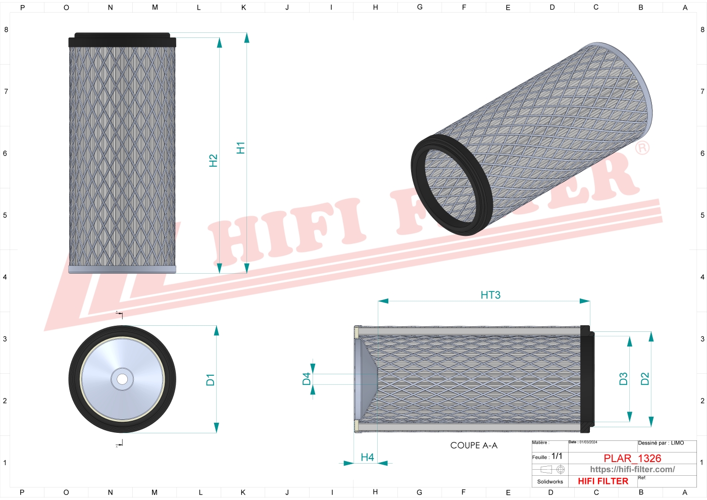Schema tecnico Filtro aria P60-7098 per trattori e macchine agricole