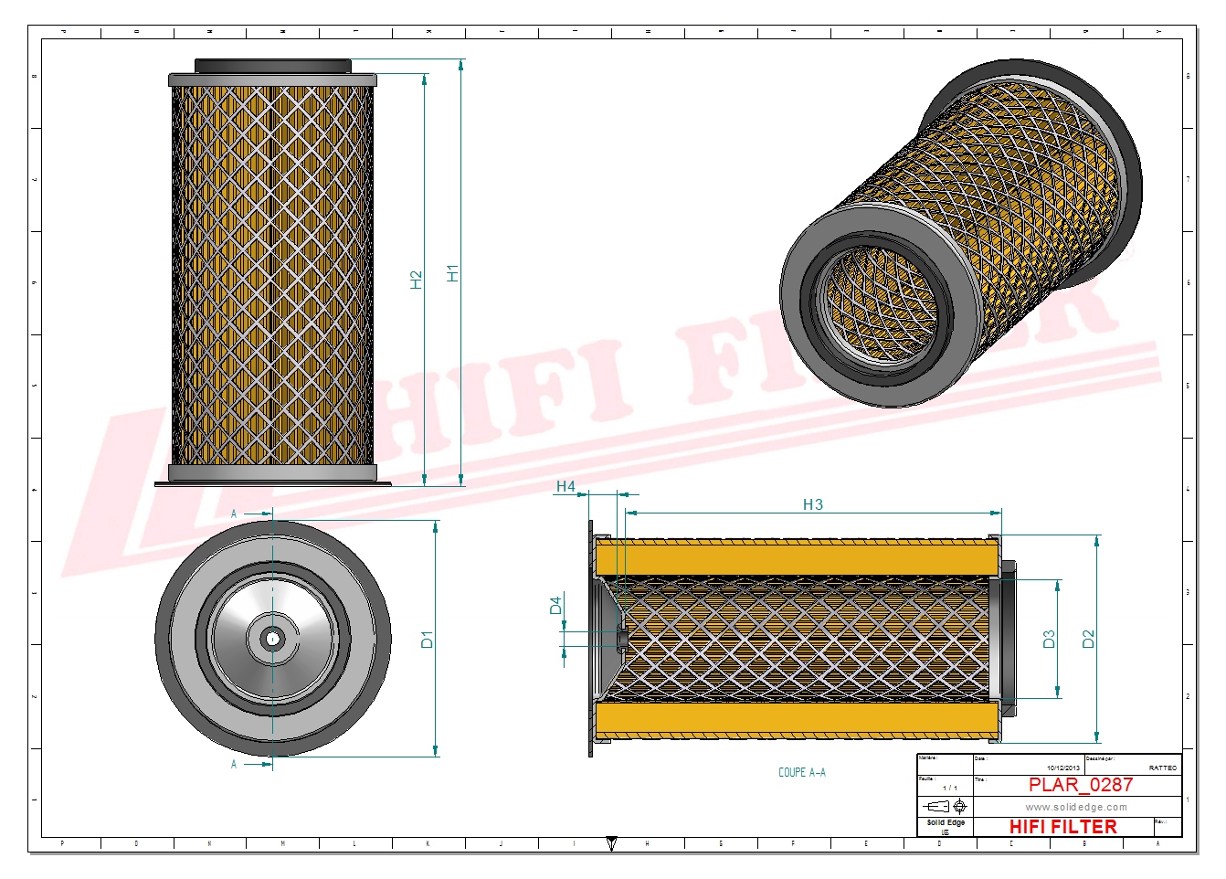 Schema tecnico Filtro aria MDA1168 per trattori e macchine agricole
