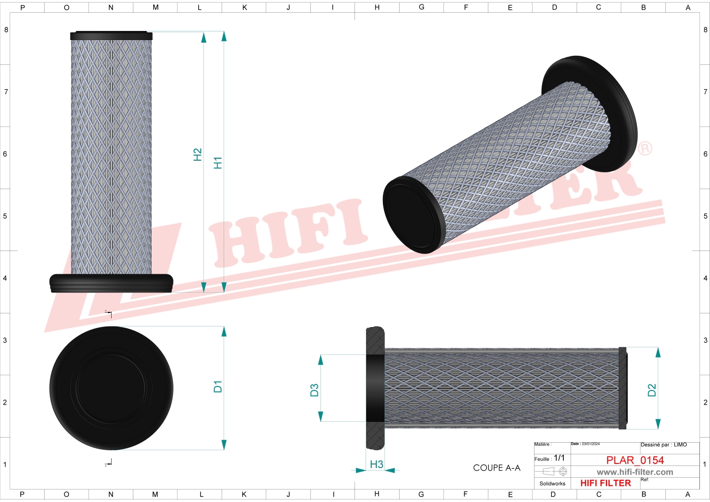 Schema tecnico Filtro aria 13C45-16617-AA per trattori e macchine agricole