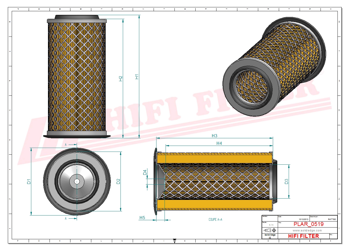 Schema tecnico Filtro aria 140-2161 per trattori e macchine agricole