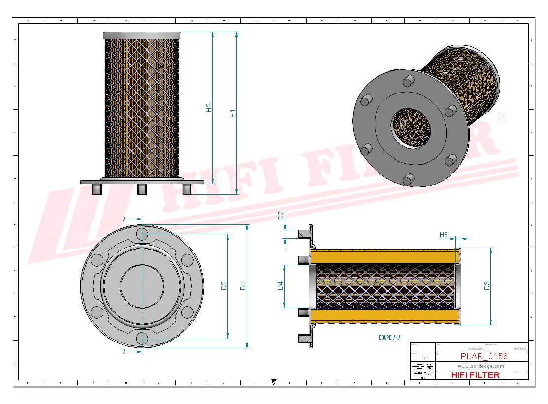 Schema tecnico Filtro aria A52053 per trattori e macchine agricole