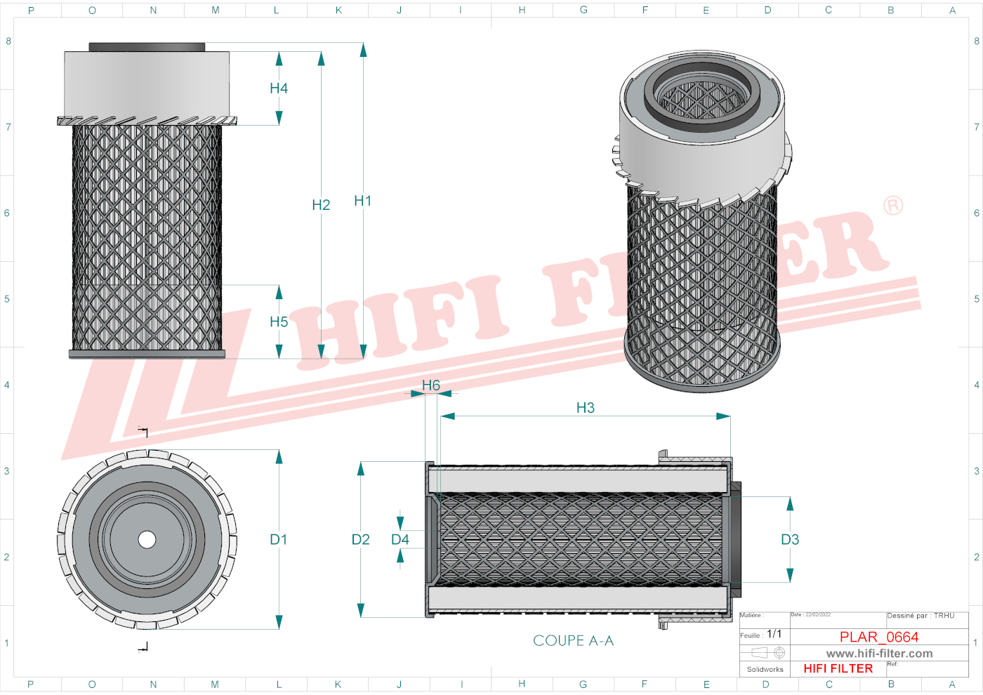 Schema tecnico Filtro aria 0-P1859 per trattori e macchine agricole