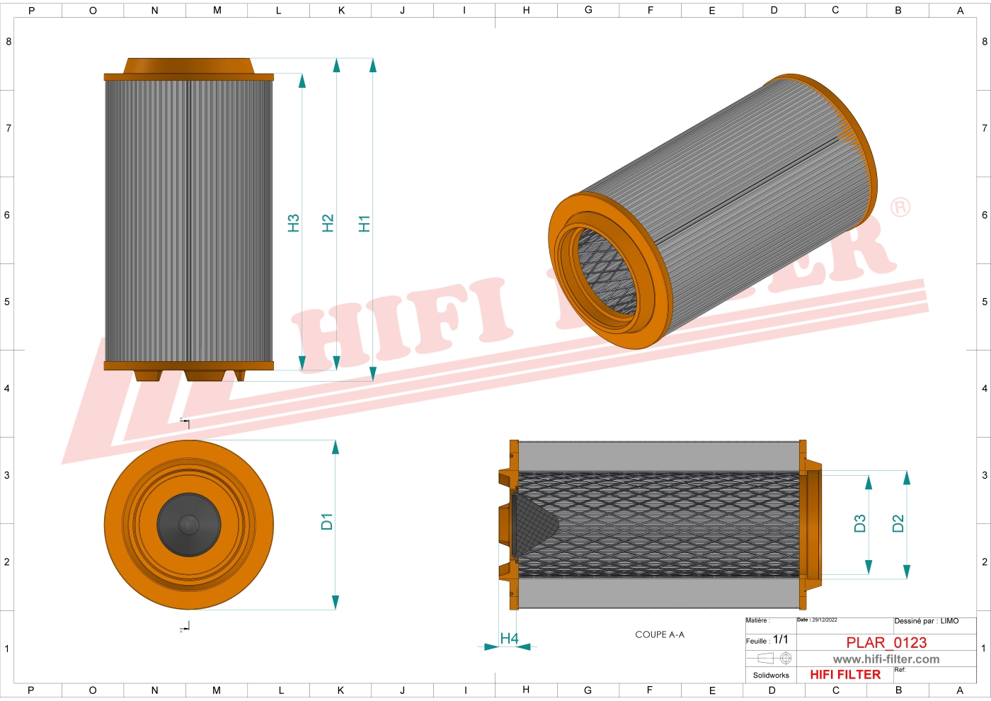 Schema tecnico Filtro aria C22625 per trattori e macchine agricole